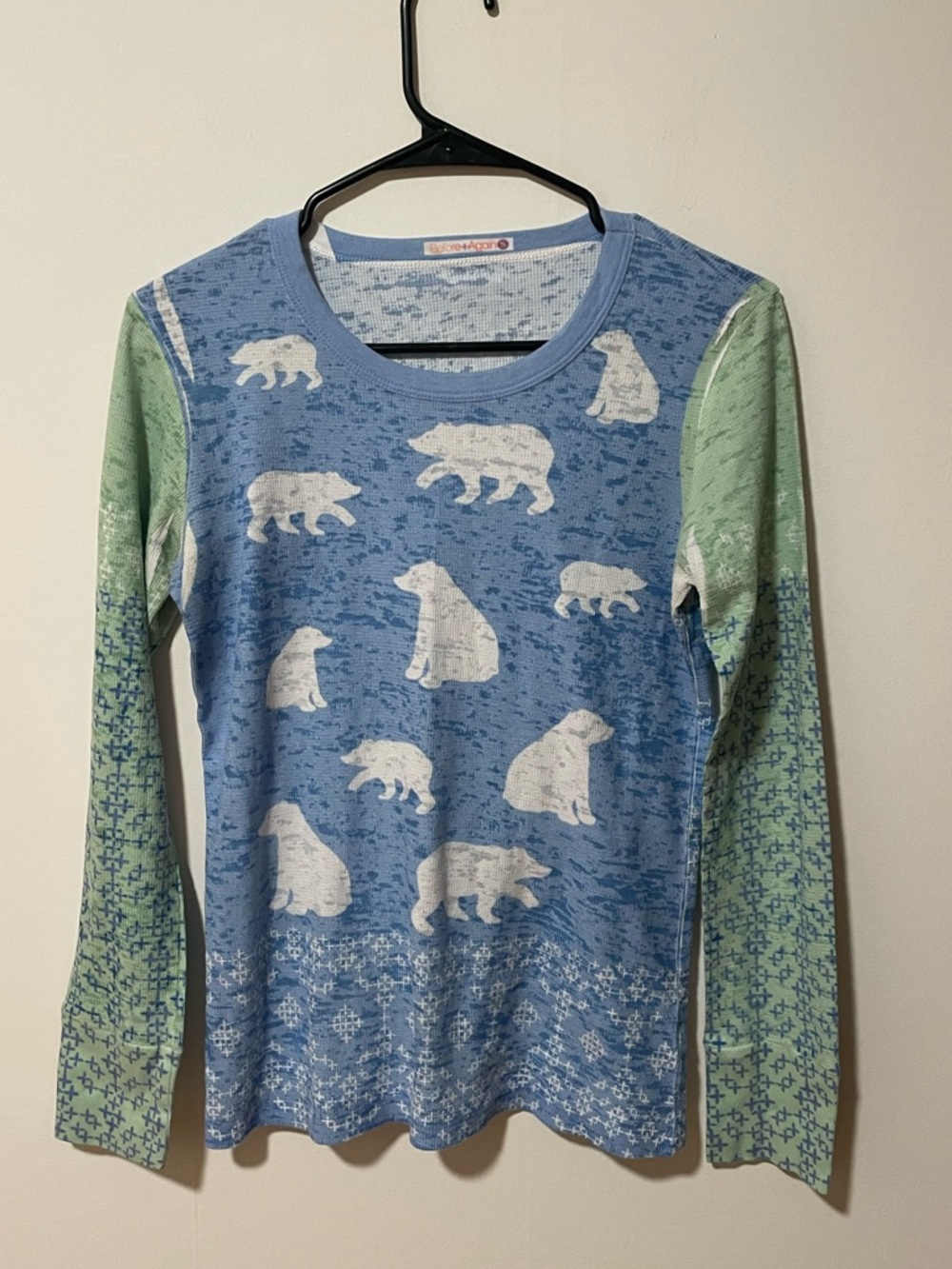 Sundance Before and Again Blue & Green Bear Print L/S Waffle Knit Top W’s S